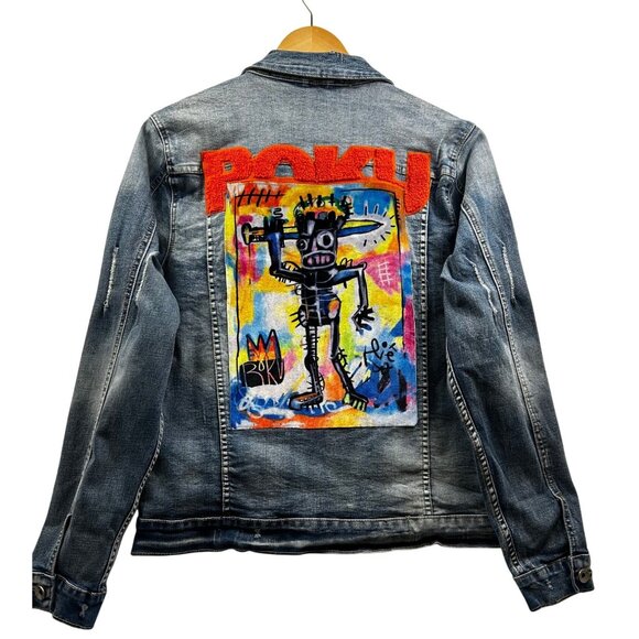 ROKU STUDIO Graffiti Patch Denim Jacket  Basquiat Distressed Streetwear Sz LARGE - Picture 3 of 10